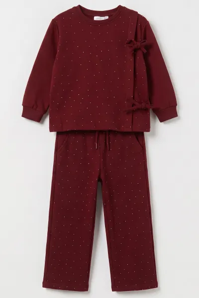 Bordo (5-10 Yaş) Kenar Kurdela Detaylı Taş Baskılı Oysho Kumaş Kız Çocuk Mevsimlik Takım 494967