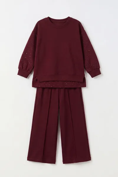 Bordo (5-10 Yaş) Kolları Simli    Oysho Kumaş Kız Çocuk Takım 498533