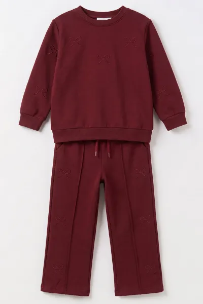 Bordo (5-10 Yaş)  Kurdela Nakışlı Oysho Kumaş Kız Çocuk Mevsimlik Takım 494984