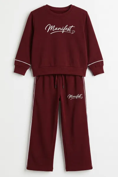 bordo-5-10-yas-manifest-baskili-biyeli-oysho-kiz-cocuk-takim-482253
