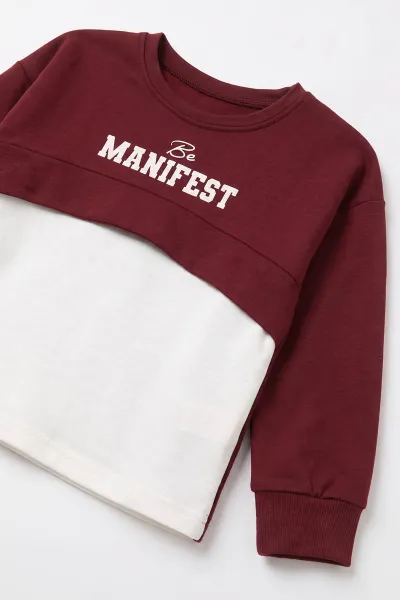 Bordo (5-10 Yaş) Manifest Baskılı Oysho Kumaş Kız Çocuk Mevsimlik Takım 494963