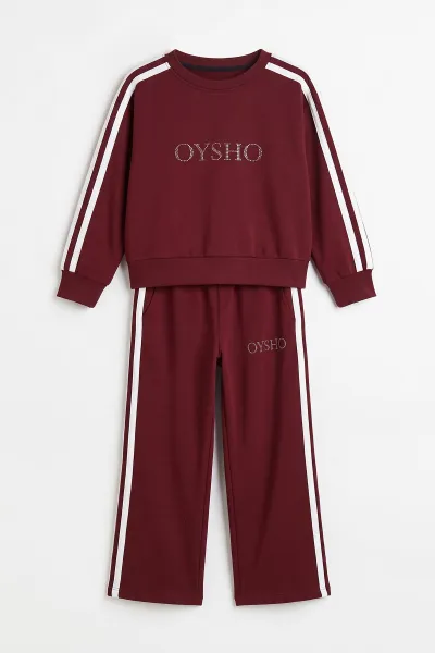 Bordo (6-15 Yaş)  Şerit Çizgili Baskılı  Oysho Kumaş Kız Çocuk 2'li Takım 497450