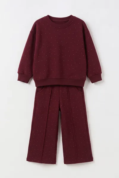 Bordo (5-10 Yaş) Serpme Taşlı 3 İp Şardonlu Kız Çocuk Kışlık Takım 498281