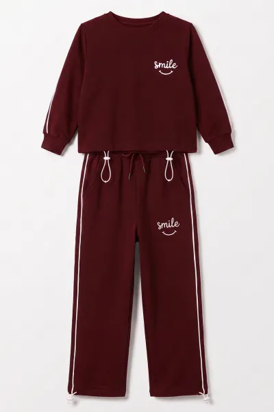 Bordo (5-10 Yaş) Smile Nakışlı Stoperli Oysho Kız Çocuk Takım 482257