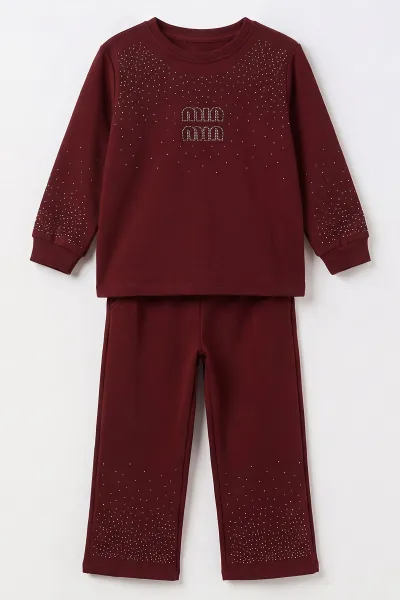 Bordo (5-10 Yaş) Üst Taş Baskılı Alt Biyeli Oysho Kumaş Kız Çocuk Mevsimlik Takım 494974