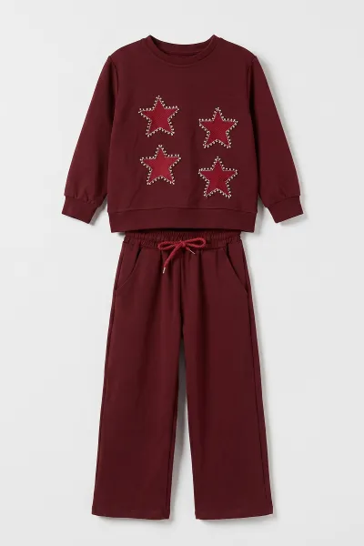 Bordo (5-10 Yaş) Yıldızlı İnci Nakışlı   Oysho Kız Çocuk Mevsimlik Takım 481805