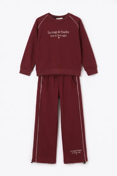 Bordo (5-10 Yaş)Baskılı Paçası Stoperli Oysho Kız Çocuk Takım 497528