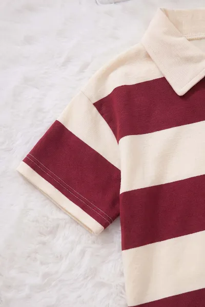 Bordo (5-12 Yaş) Gömlek Yaka Yarım Düğmeli Çizgili  Alt Fitilli Bilek Üstü Kapri Taytlı Kız Çocuk Yazlık Takım 469904