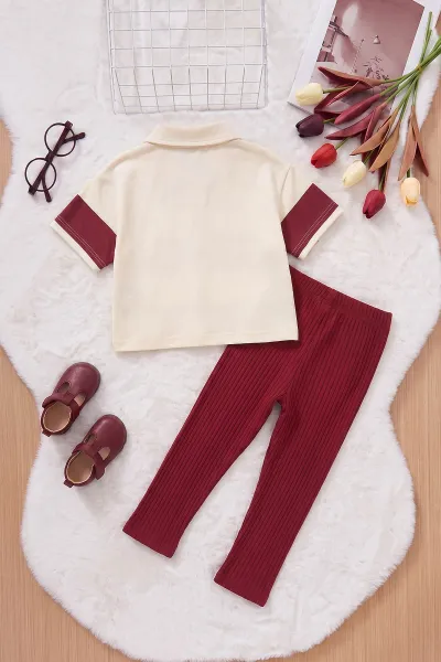 Bordo (5-12 Yaş) Gömlek Yaka Yarım Düğmeli Çizgili  Alt Fitilli Bilek Üstü Kapri Taytlı Kız Çocuk Yazlık Takım 469904