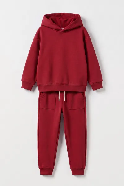 Bordo (5-12 Yaş) Kapüşonlu Baskısız Düz 3 İp Şardonlu Kız Çocuk Kışlık Takım 481367