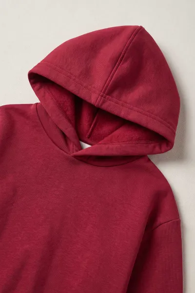 Bordo (5-12 Yaş) Kapüşonlu Baskısız Düz 3 İp Şardonlu Kız Çocuk Kışlık Takım 481367
