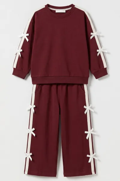 Bordo (5-12 Yaş) Kol Şerit Fiyonklu   Kız Çocuk Mevsimlik Takım 482044