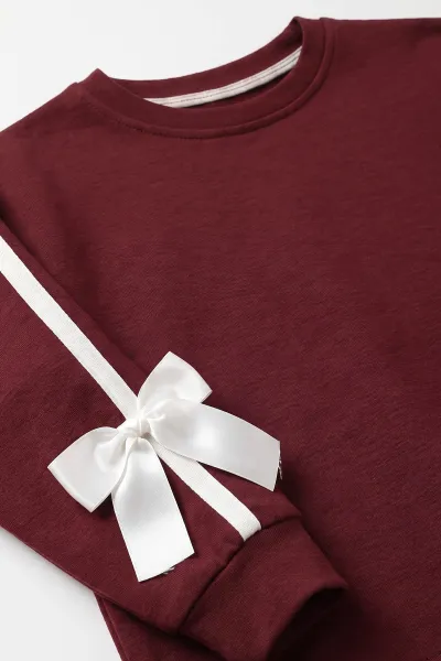 Bordo (5-12 Yaş) Koldan Fiyonklu Şerit Çizgili Kız Çocuk Mevsimlik Takım 482039