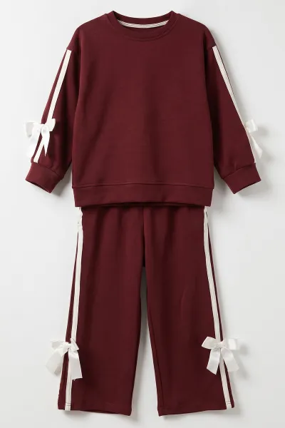 Bordo (5-12 Yaş) Koldan Fiyonklu Şerit Çizgili Kız Çocuk Mevsimlik Takım 482039