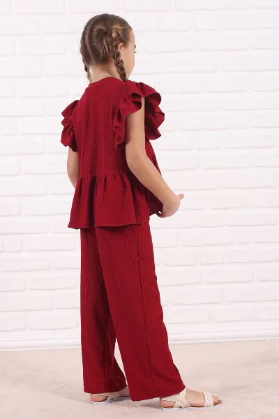 Bordo (5-13 Yaş )FırfırlI Kolye Detaylı Bürümcük Kız Çocuk Takım 332906