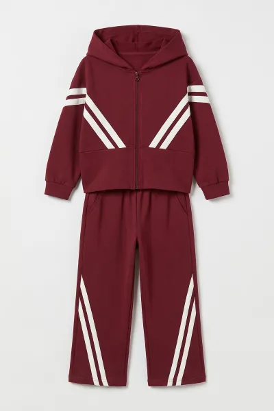 Bordo (5-15 Yaş) Çizgi Şeritli Kapüşonlu Hırkalı Oysho Kız Çocuk Takım 497483