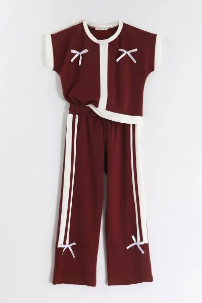 bordo-5-15-yas-fiyonk-detayli-serit-cizgili-pantolonlu-oysho-kiz-cocuk-takim-460975