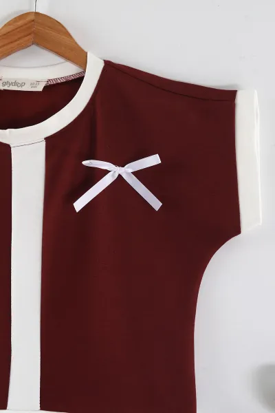Bordo (5-15 Yaş) Fiyonk Detaylı Şerit Çizgili Pantolonlu Oysho Kız  Çocuk Takım 460975