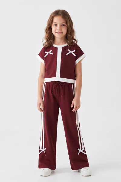 Bordo (5-15 Yaş) Fiyonk Detaylı Şerit Çizgili Pantolonlu Oysho Kız  Çocuk Takım 460975