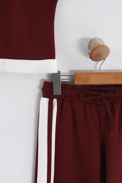 Bordo (5-15 Yaş) Fiyonk Detaylı Şerit Çizgili Pantolonlu Oysho Kız  Çocuk Takım 460975