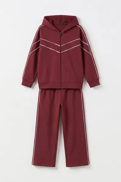 Bordo (5-15 Yaş) Kıl Biyeli Kapüşonlu Hırkalı  Oysho Kız Çocuk Takım 497490