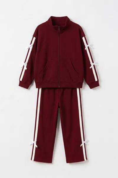 Bordo (5-15 Yaş) Kurdela Şeritli Fermuarlı Hırkalı Oysho Kız Çocuk Takım 497690