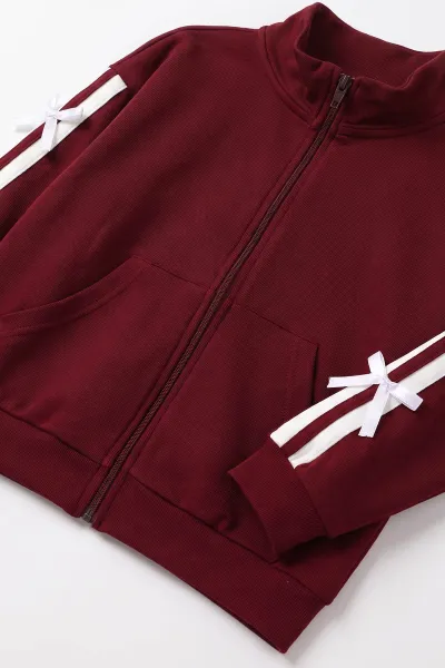 Bordo (5-15 Yaş) Kurdela Şeritli Fermuarlı Hırkalı Oysho Kız Çocuk Takım 497690