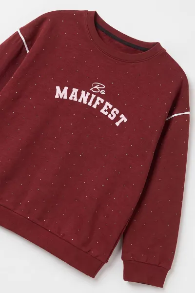 Bordo (5-15 Yaş) Manifest Kabartma  Baskılı  Taşlı Oysho Kız Çocuk Takım 497700