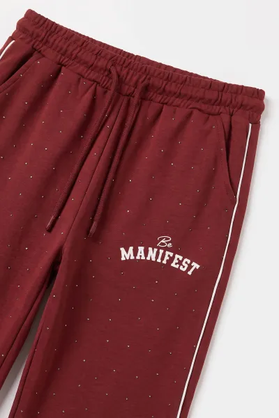 Bordo (5-15 Yaş) Manifest Kabartma  Baskılı  Taşlı Oysho Kız Çocuk Takım 497700