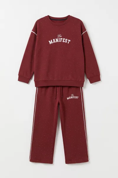 Bordo (5-15 Yaş) Manifest Kabartma  Baskılı  Taşlı Oysho Kız Çocuk Takım 497700
