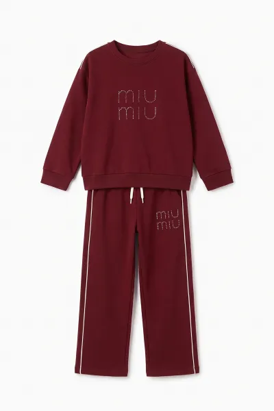 Bordo (5-15 Yaş) Miu Miu Taş Baskılı Oysho Kız Çocuk Takım 497697