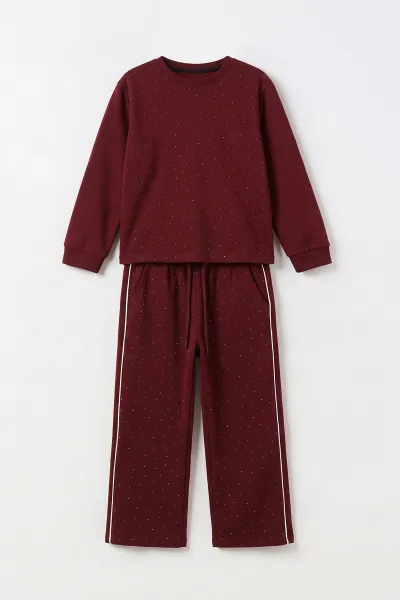 Bordo (5-15 Yaş) Taş Baskılı  Oysho Kumaş Kız Çocuk 2'li Takım 497447