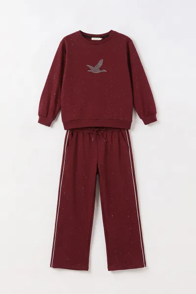 Bordo (5-15 Yaş) Taş Baskılı Simli Oysho Kumaş Kız Çocuk 2'li Takım 497444