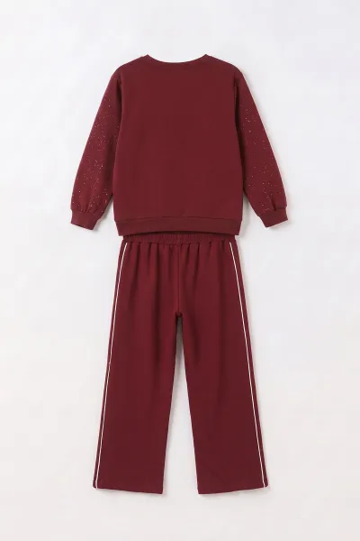 Bordo (5-15 Yaş) Taş Baskılı Simli Oysho Kumaş Kız Çocuk 2'li Takım 497444