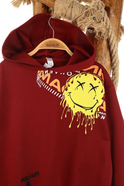 Bordo (5-8 Yaş) Feel Happy Baskılı Kapüşonlu  Mevsimlik Erkek Çocuk Sweat 157153