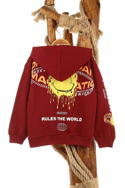 Bordo (5-8 Yaş) Feel Happy Baskılı Kapüşonlu  Mevsimlik Erkek Çocuk Sweat 157153