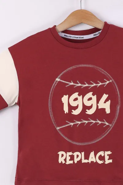 Bordo (6-10 Yaş)   1994 Baskılı Garni Detay  Şortlu Penye Erkek Çocuk Yazlık Takım 441819