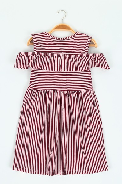 Bordo (6-10 yaş) Çizgili Viskon Kız Çocuk Elbise 118450