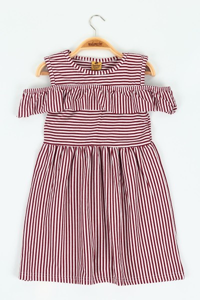 Bordo (6-10 yaş) Çizgili Viskon Kız Çocuk Elbise 118450