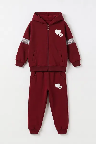 Bordo (6-10  Yaş) Kalp Nakışlı Kapüşonlu 3 İp Şardonlu Kız Çocuk Kışlık Takım 498242