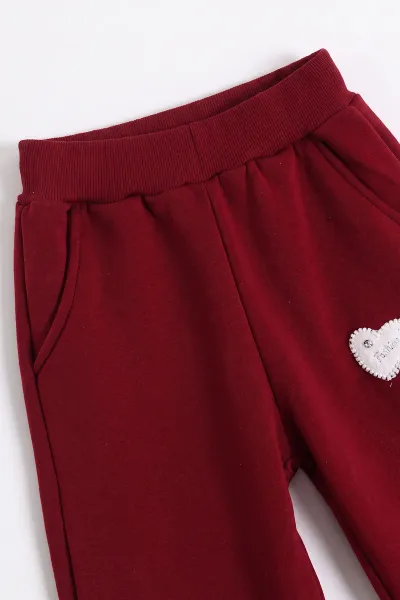 Bordo (6-10  Yaş) Kalp Nakışlı Kapüşonlu 3 İp Şardonlu Kız Çocuk Kışlık Takım 498242