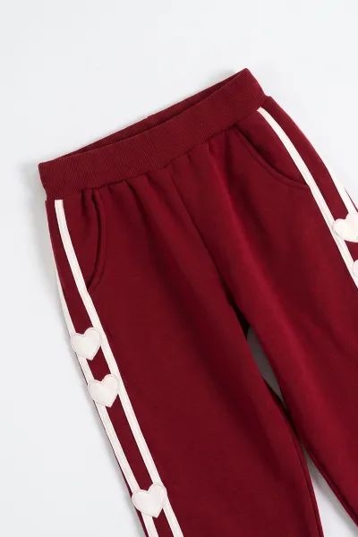 Bordo (6-10  Yaş) Kalp Nakışlı Kapüşonlu 3 İp Şardonlu Kız Çocuk Kışlık Takım 498250