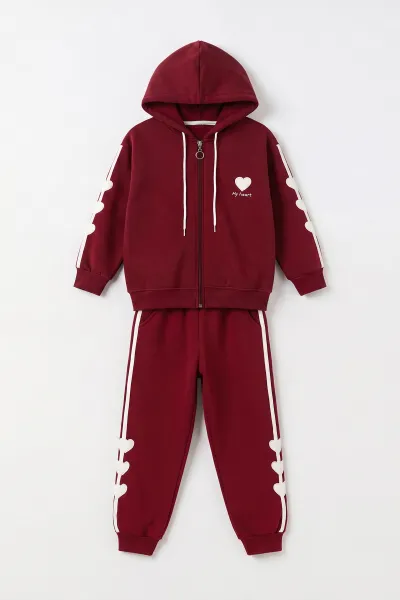 Bordo (6-10  Yaş) Kalp Nakışlı Kapüşonlu 3 İp Şardonlu Kız Çocuk Kışlık Takım 498250