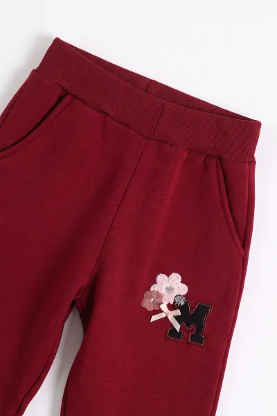Bordo (6-10 Yaş) Süzene Papatya Nakışlı Kolej Ceketli 3 İp Şardonlu Kız Çocuk Kışlık Takım 499036
