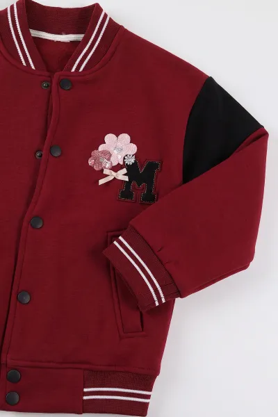 Bordo (6-10 Yaş) Süzene Papatya Nakışlı Kolej Ceketli 3 İp Şardonlu Kız Çocuk Kışlık Takım 499036
