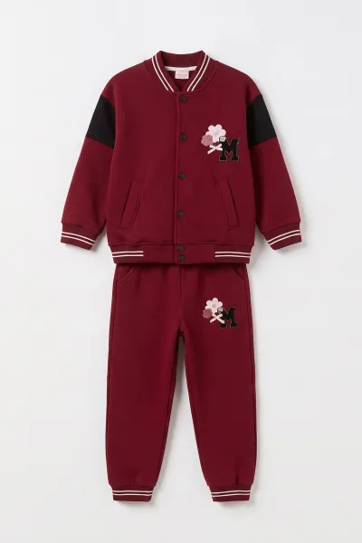 Bordo (6-10 Yaş) Süzene Papatya Nakışlı Kolej Ceketli 3 İp Şardonlu Kız Çocuk Kışlık Takım 499036