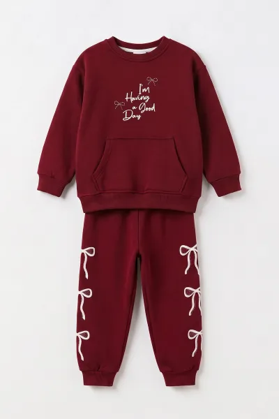 Bordo (6-10 Yaş)Baskılı Kanguru Cepli 3 İp Şardonlu Kız Çocuk Kışlık Takım 499088
