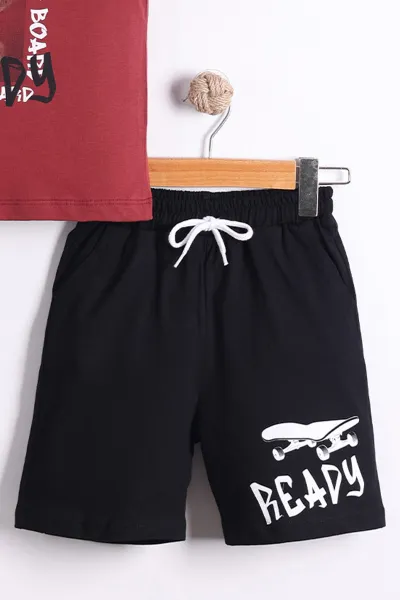 Bordo (6-10 Yaş)Keep Ready Baskılı Şortlu Penye Erkek Çocuk Yazlık Takım 441729