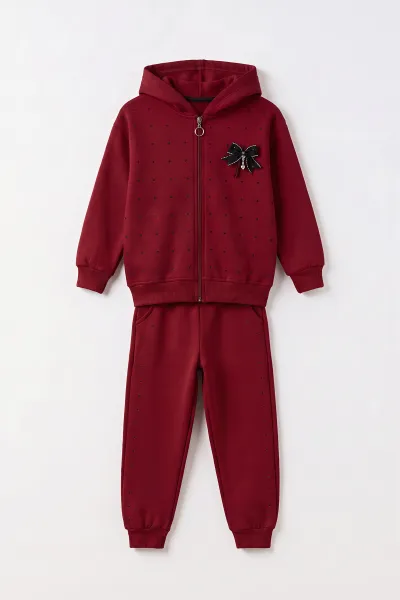 Bordo (6-10 Yaş)Taşlı Fiyonklu Kapüşonlu 3 İp Şardonlu Kız Çocuk Kışlık Takım 499092