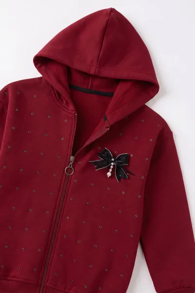 Bordo (6-10 Yaş)Taşlı Fiyonklu Kapüşonlu 3 İp Şardonlu Kız Çocuk Kışlık Takım 499092
